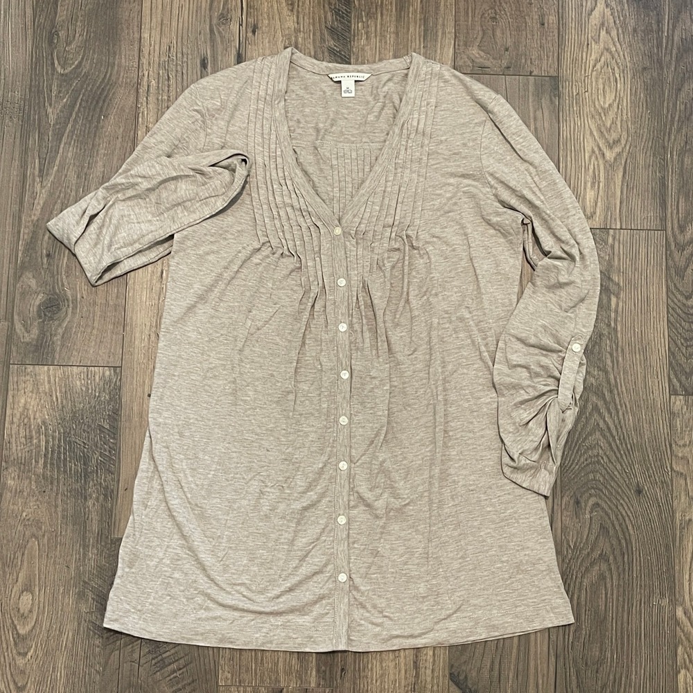 Banana Republic Women Oatmeal Heather Pintuck Roll Tab Sleeve Tunic Top Size M